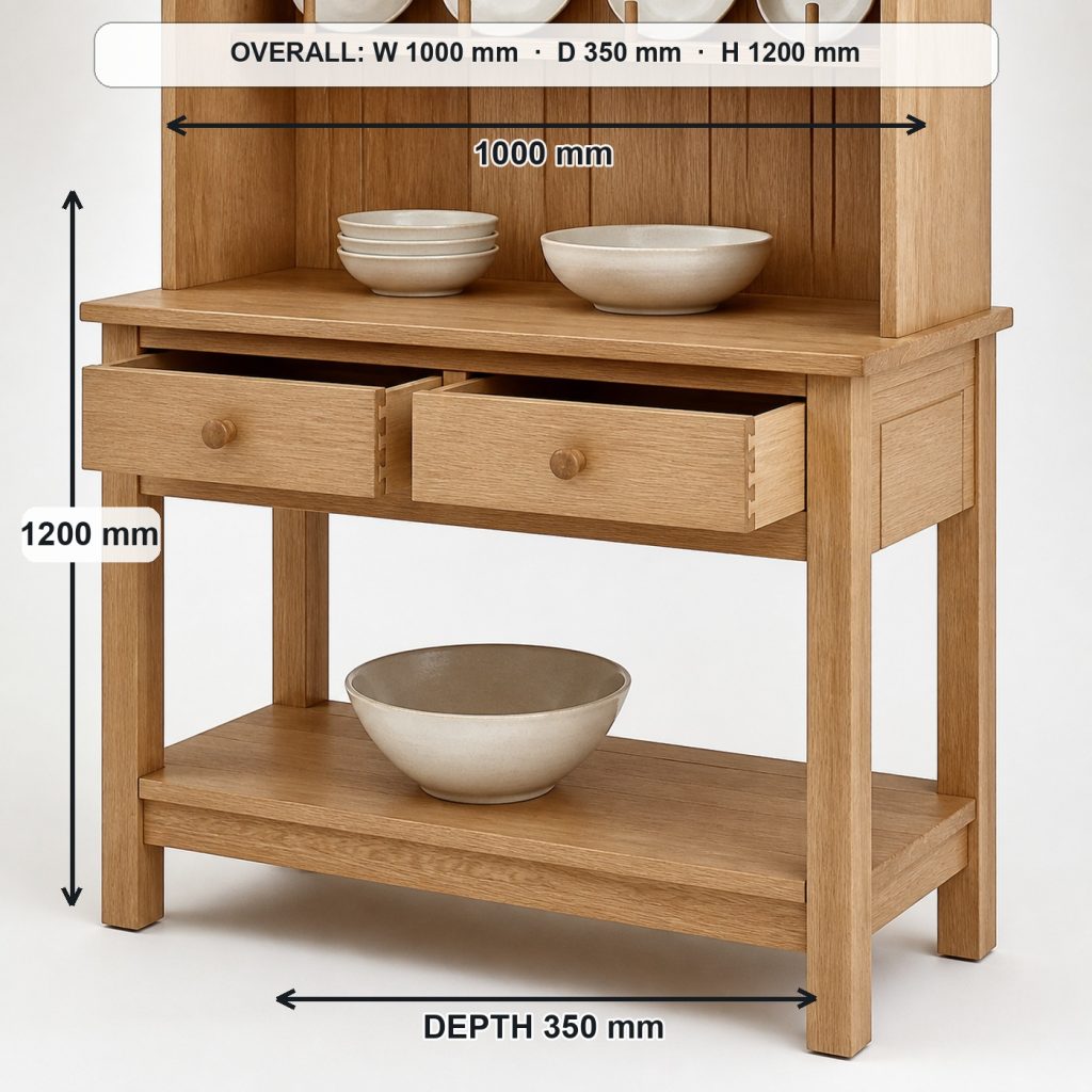 white-oak plate display hutch storage or functional detail, overall dimensions 1000 mm wide × 350 mm deep × 1200 mm high
