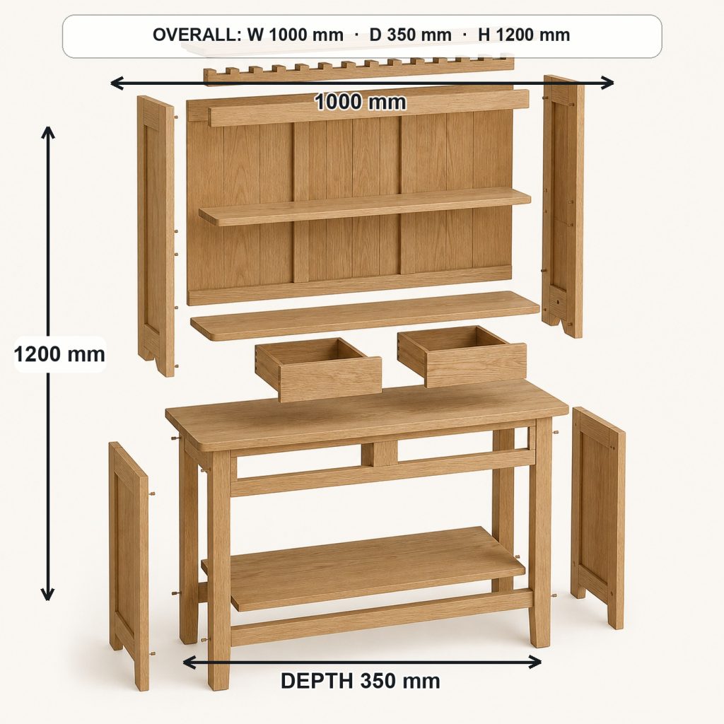 white-oak plate display hutch exploded construction overview, overall dimensions 1000 mm wide × 350 mm deep × 1200 mm high