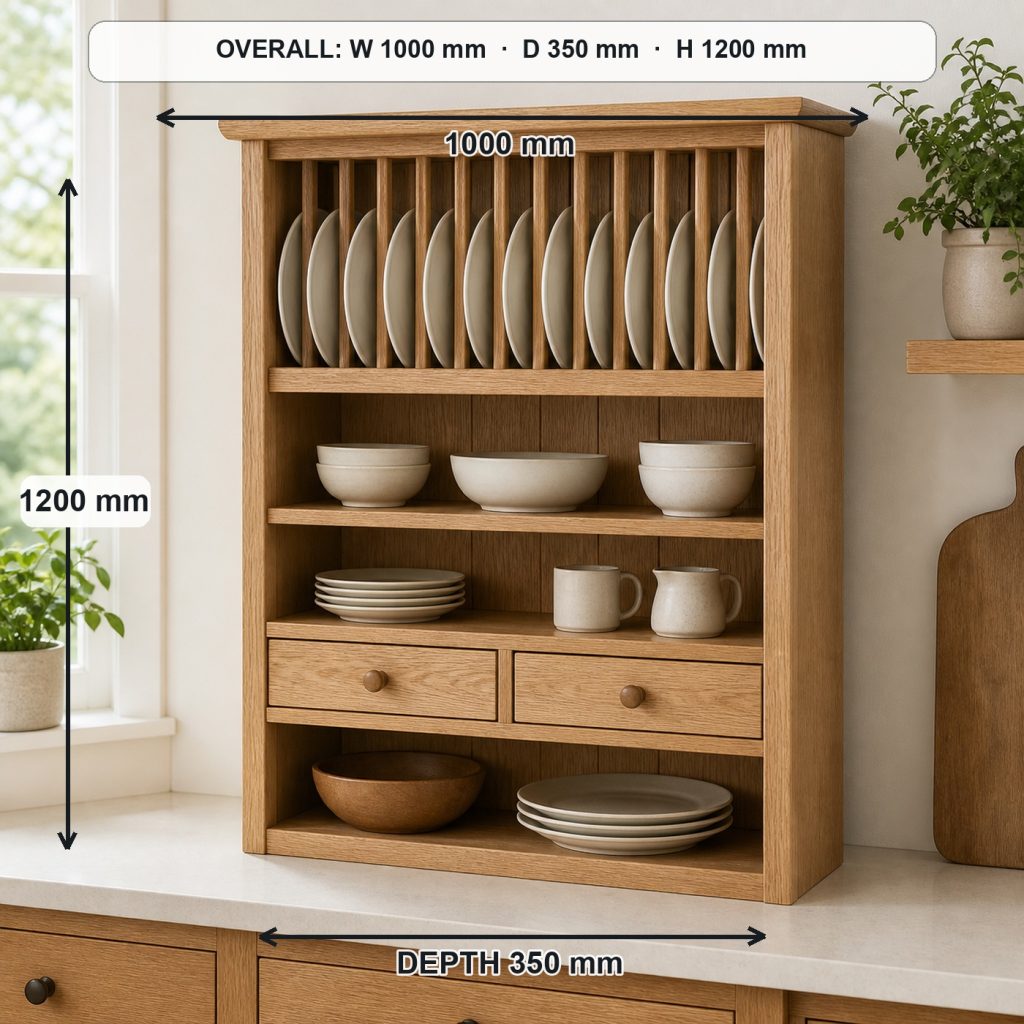 white-oak plate display hutch project shown in a real room, overall dimensions 1000 mm wide × 350 mm deep × 1200 mm high