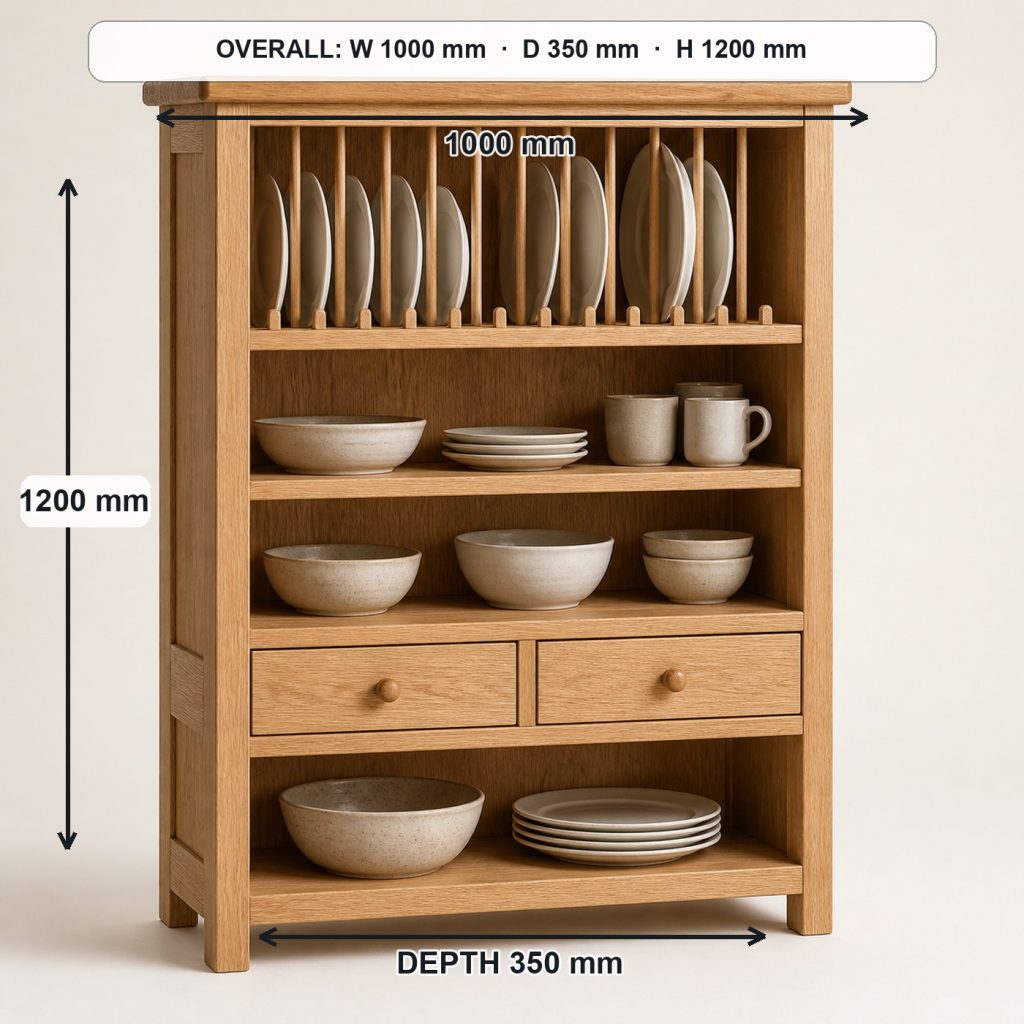 white-oak plate display hutch finished project variation, overall dimensions 1000 mm wide × 350 mm deep × 1200 mm high