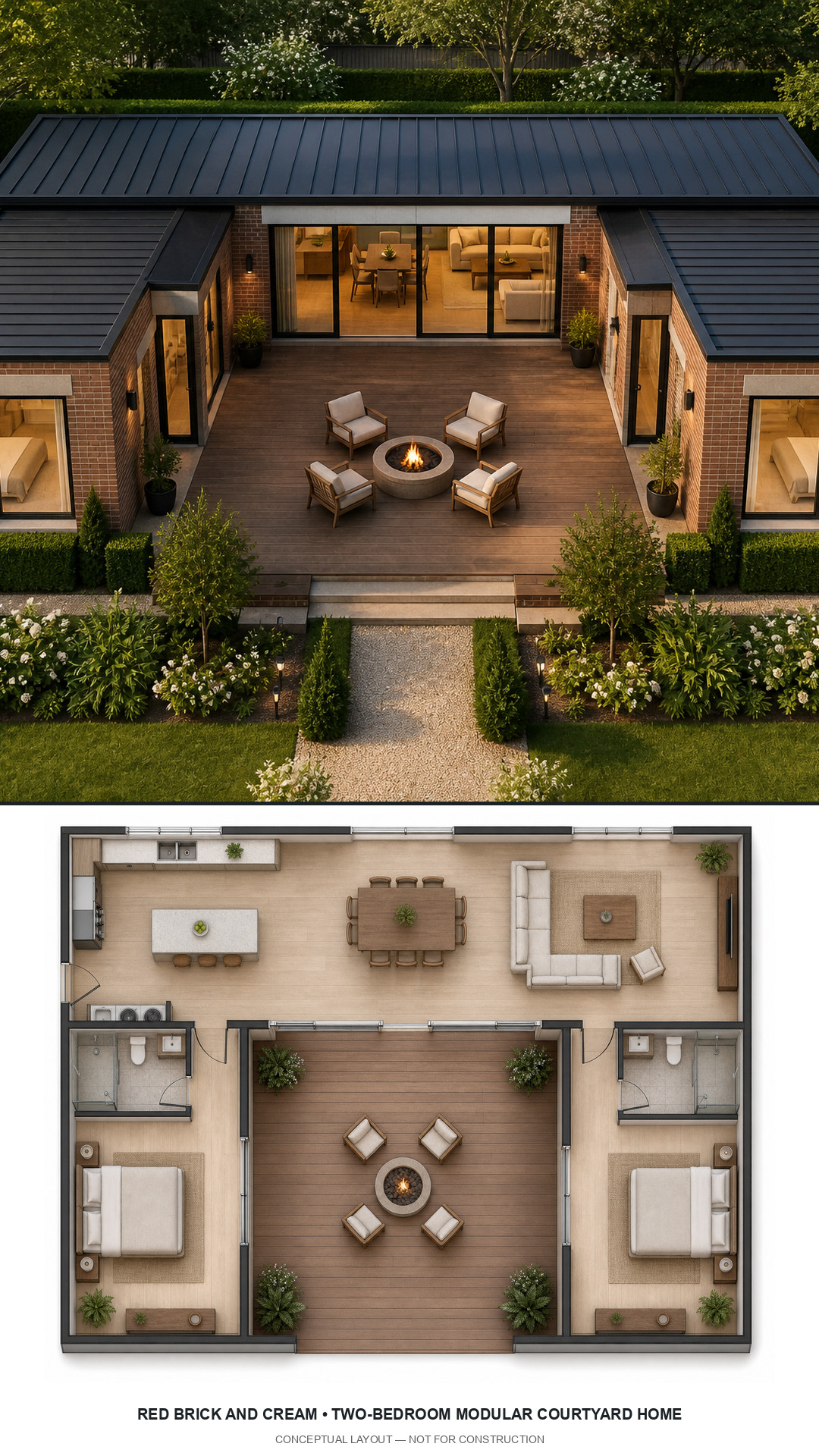 Red Brick and Cream Two-Bedroom Modular Courtyard Home exterior and furnished conceptual floor plan