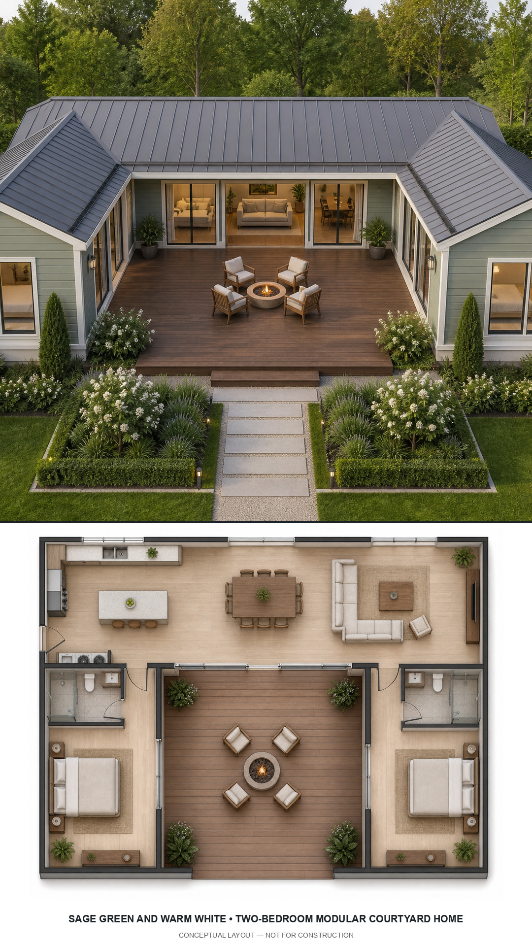Sage Green and Warm White Two-Bedroom Modular Courtyard Home exterior and furnished conceptual floor plan