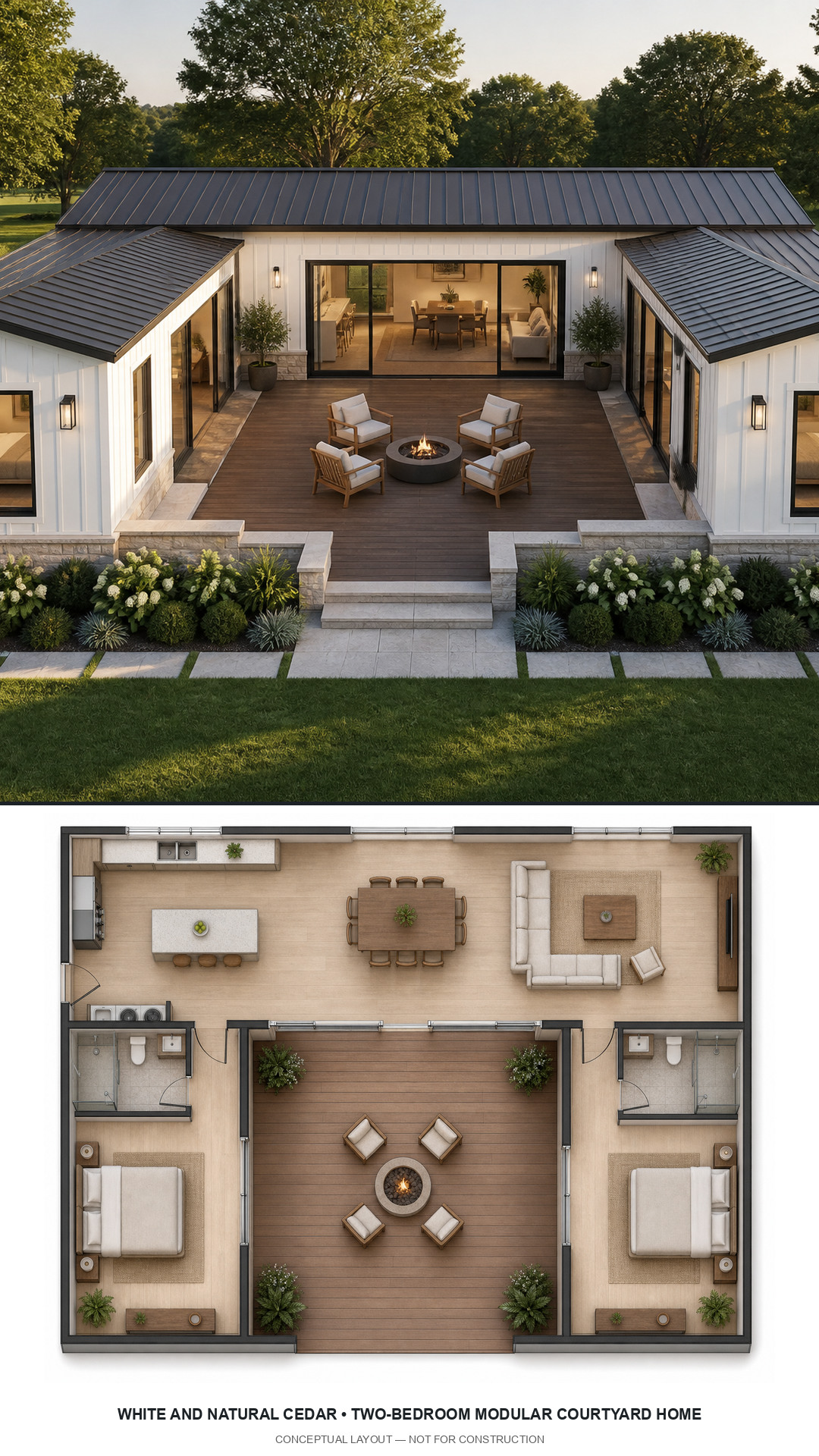 White and Natural Cedar Two-Bedroom Modular Courtyard Home exterior and furnished conceptual floor plan