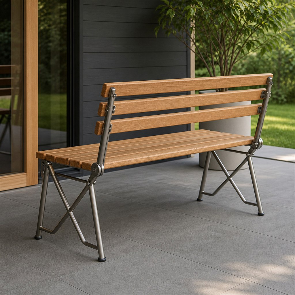 Folding Bench With Hardwood Slats and Locking Steel Legs - alternate full view