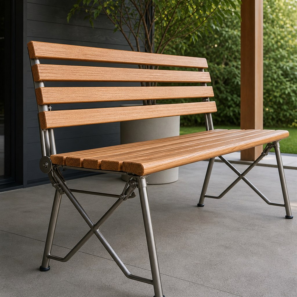 Folding Bench With Hardwood Slats and Locking Steel Legs - steel-frame detail