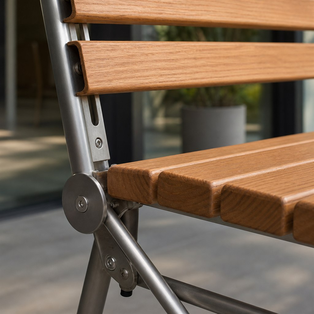 Folding Bench With Hardwood Slats and Locking Steel Legs - wood-to-steel interface detail