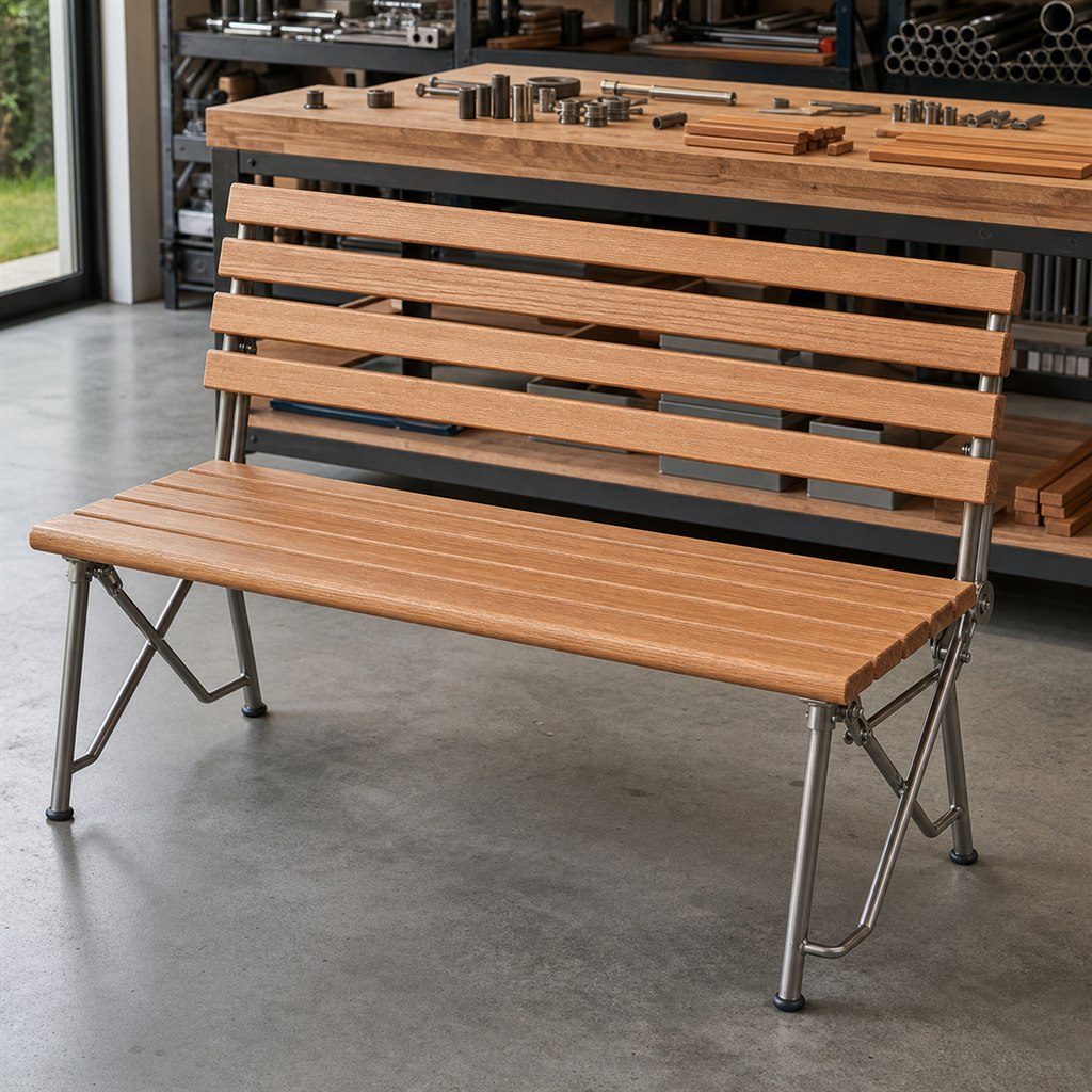 Folding Bench With Hardwood Slats and Locking Steel Legs - workshop dry-assembly view