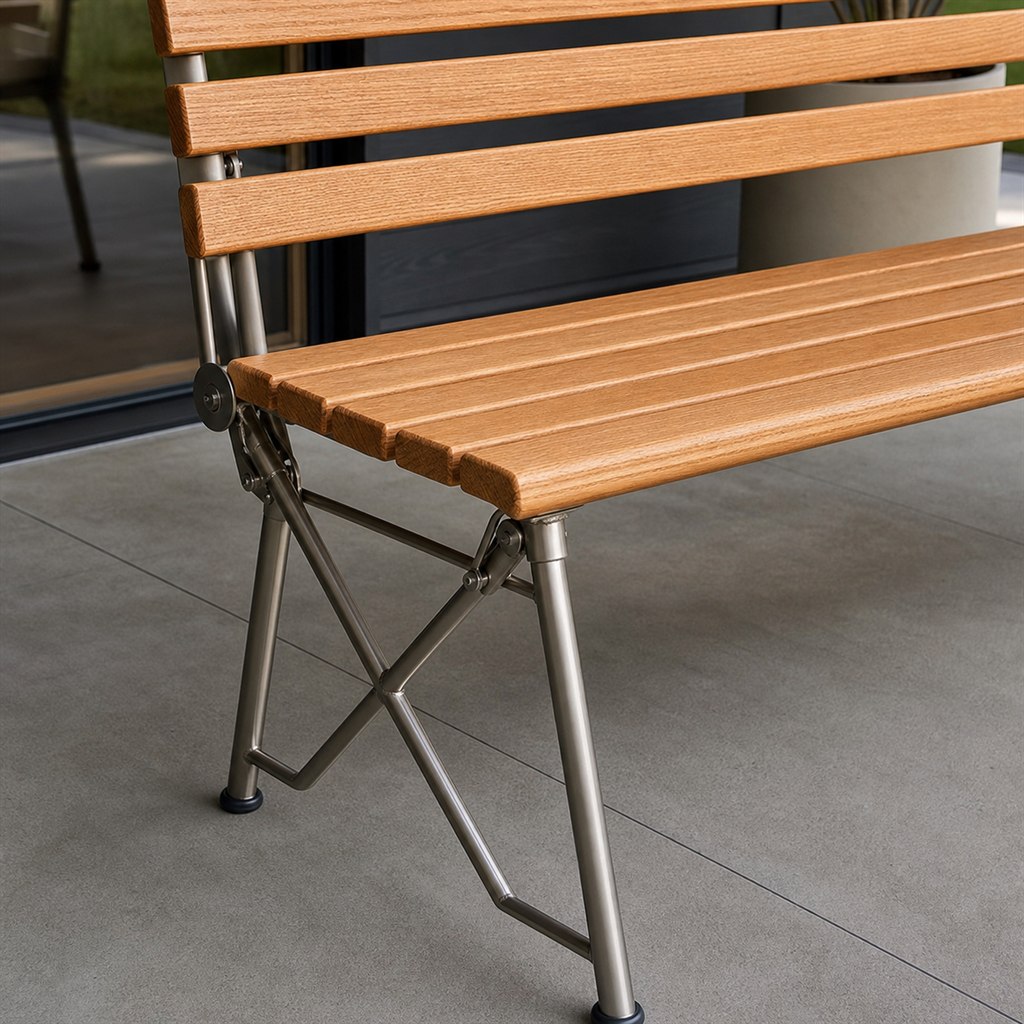 Folding Bench With Hardwood Slats and Locking Steel Legs - finished material detail