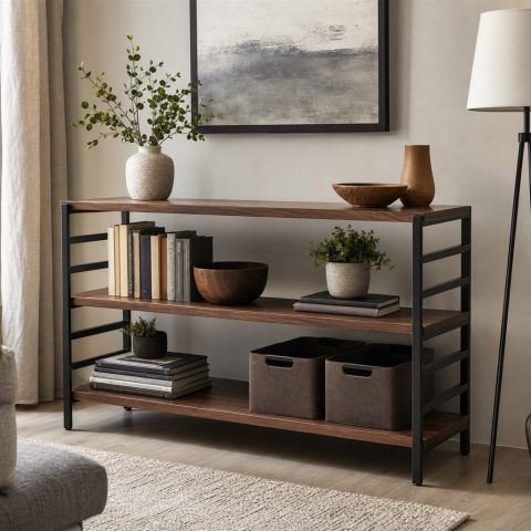 Walnut Bookcase With Steel Ladder Side Frames
