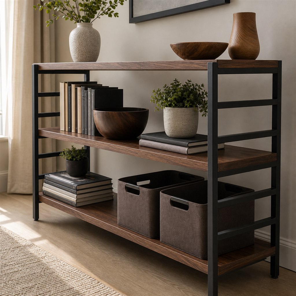 Walnut Bookcase With Steel Ladder Side Frames - steel-frame detail