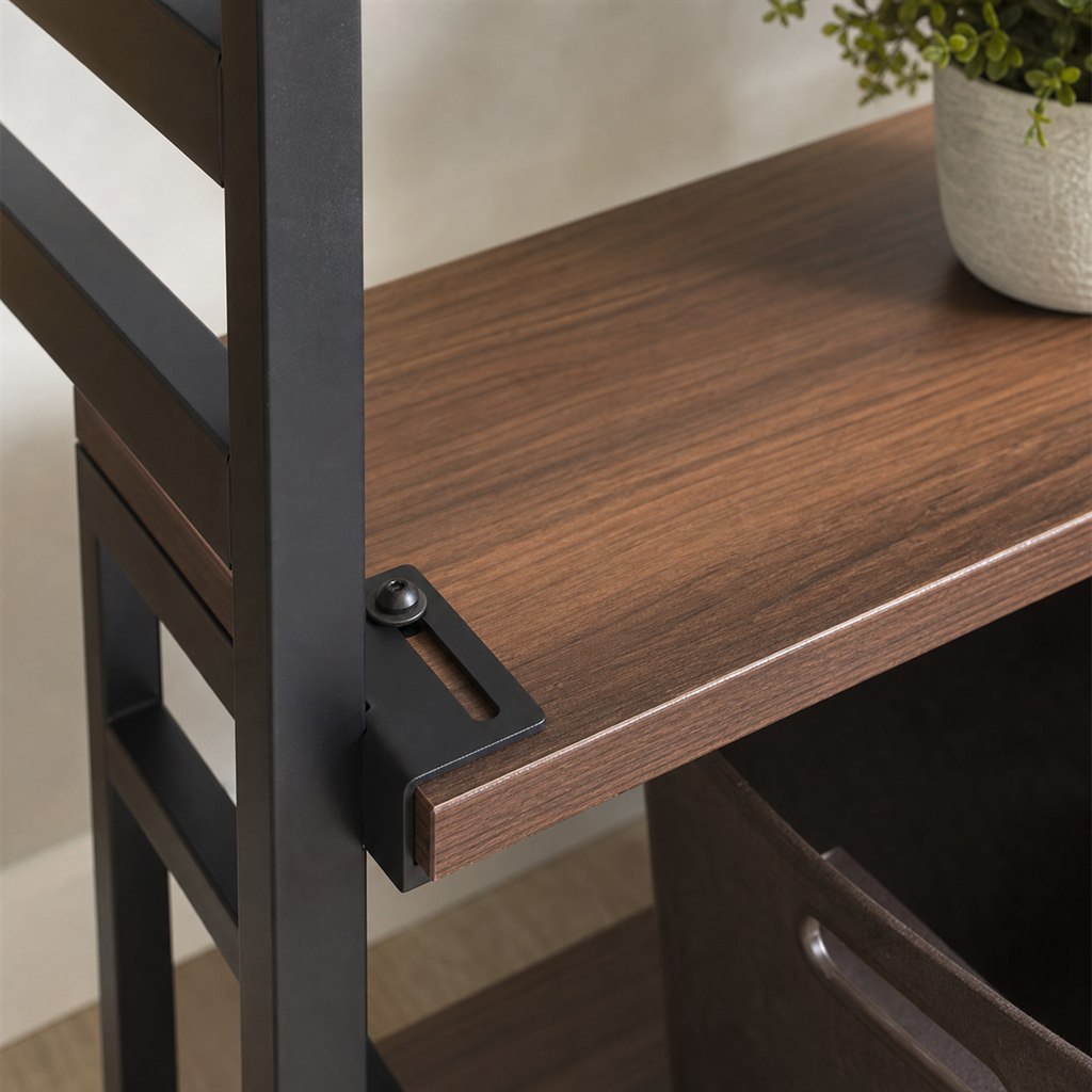 Walnut Bookcase With Steel Ladder Side Frames - wood-to-steel interface detail