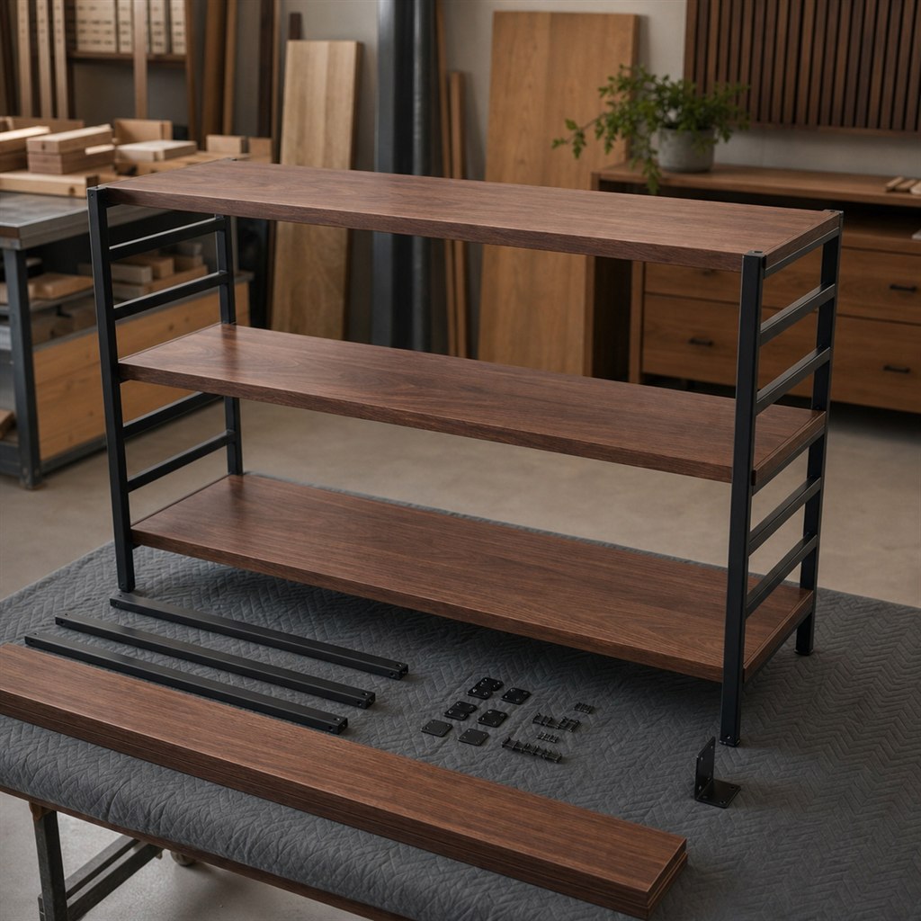 Walnut Bookcase With Steel Ladder Side Frames - workshop dry-assembly view