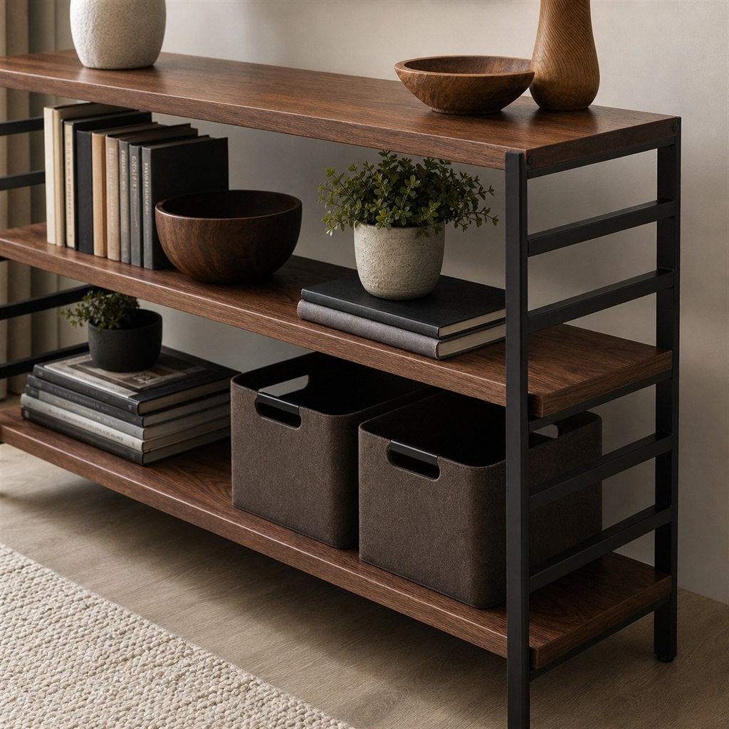 Walnut Bookcase With Steel Ladder Side Frames - finished material detail