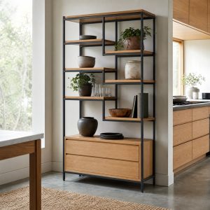 Oak Display Shelf With an Asymmetric Steel Grid