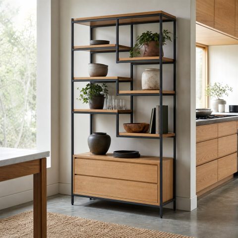 Oak Display Shelf With an Asymmetric Steel Grid