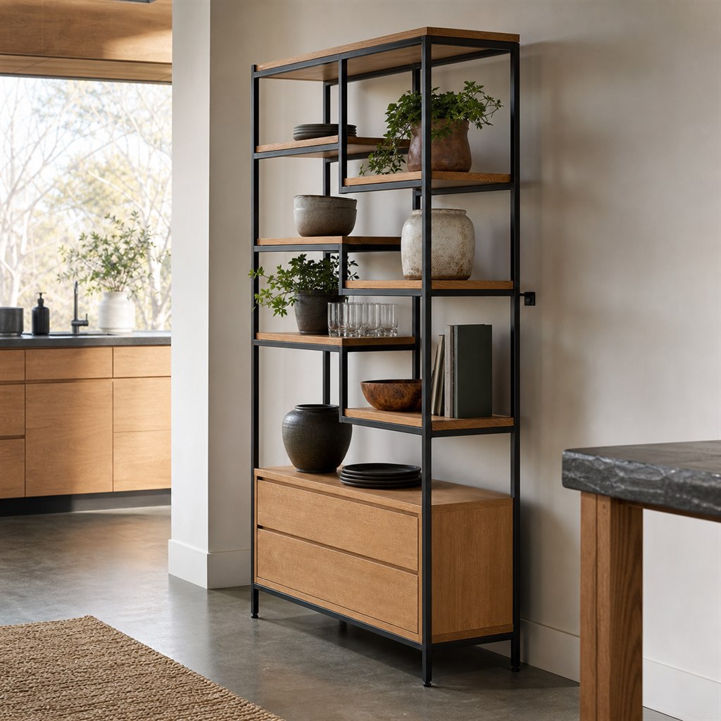 Oak Display Shelf With an Asymmetric Steel Grid - alternate full view
