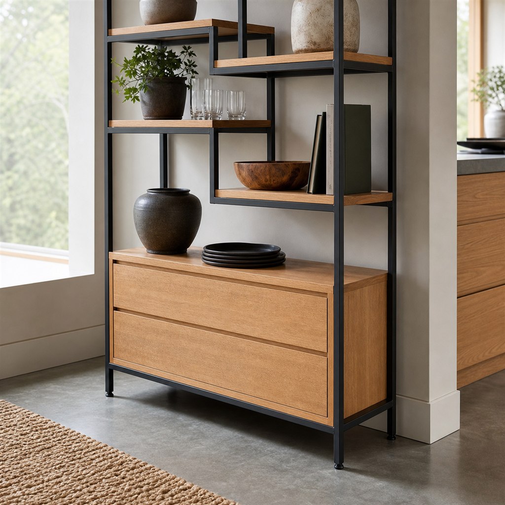 Oak Display Shelf With an Asymmetric Steel Grid - steel-frame detail