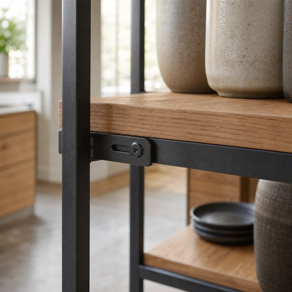 Oak Display Shelf With an Asymmetric Steel Grid - wood-to-steel interface detail