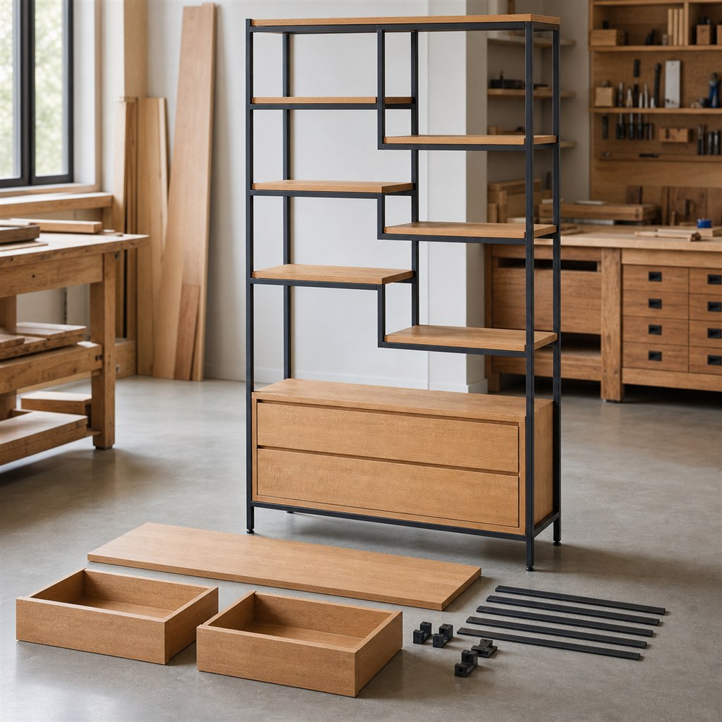 Oak Display Shelf With an Asymmetric Steel Grid - workshop dry-assembly view