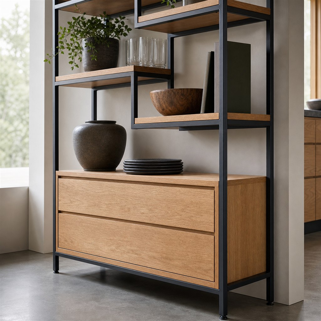 Oak Display Shelf With an Asymmetric Steel Grid - finished material detail