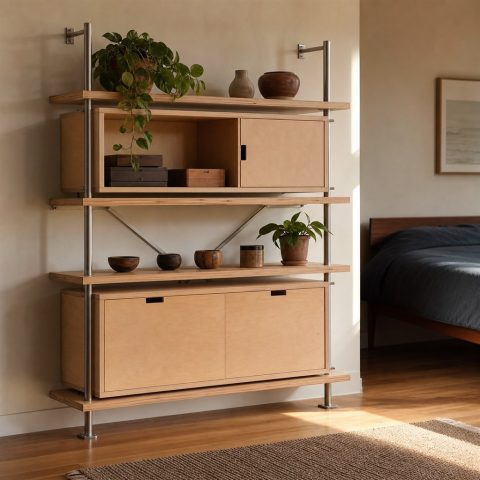 Modular Wall Shelf With Wood Boxes and Steel Rails
