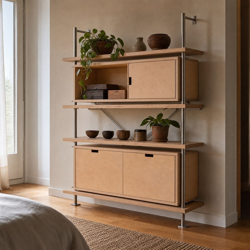 Modular Wall Shelf With Wood Boxes and Steel Rails - alternate full view