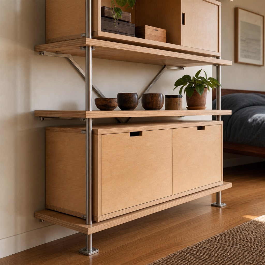 Modular Wall Shelf With Wood Boxes and Steel Rails - steel-frame detail