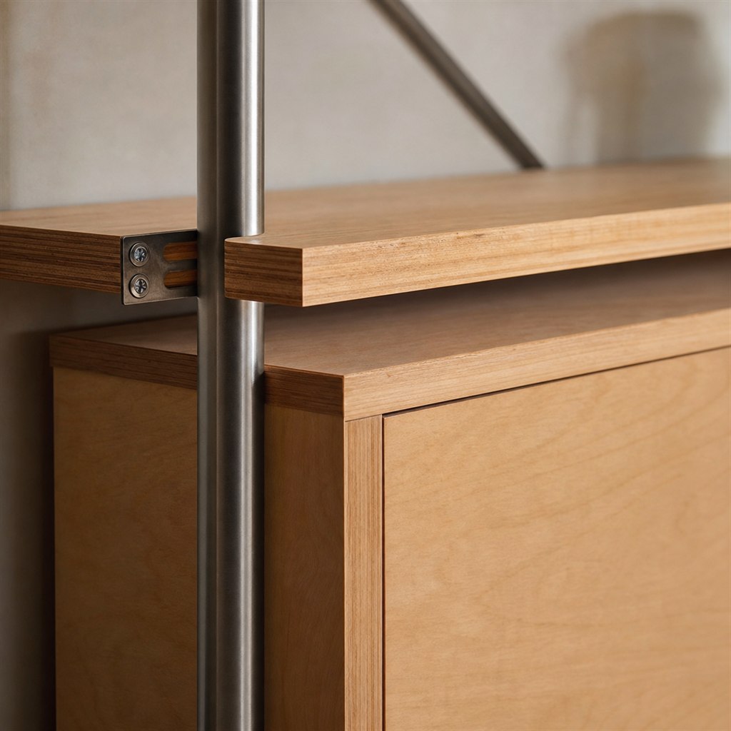 Modular Wall Shelf With Wood Boxes and Steel Rails - wood-to-steel interface detail