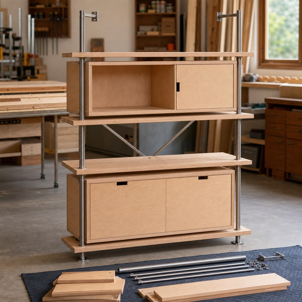 Modular Wall Shelf With Wood Boxes and Steel Rails - workshop dry-assembly view