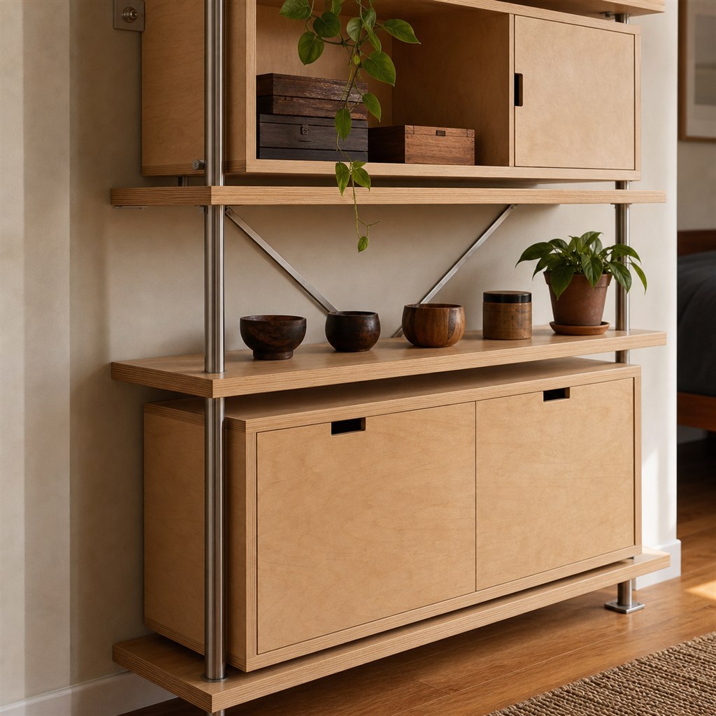 Modular Wall Shelf With Wood Boxes and Steel Rails - finished material detail
