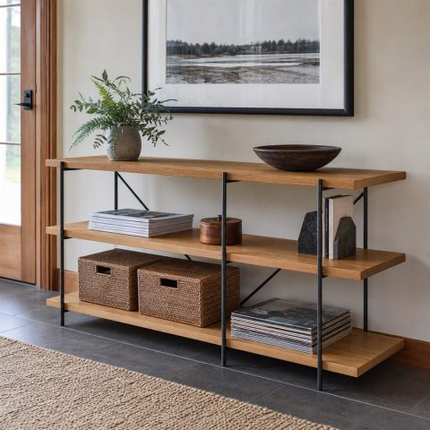 Media Shelving Unit With Steel Uprights and Oak Shelves