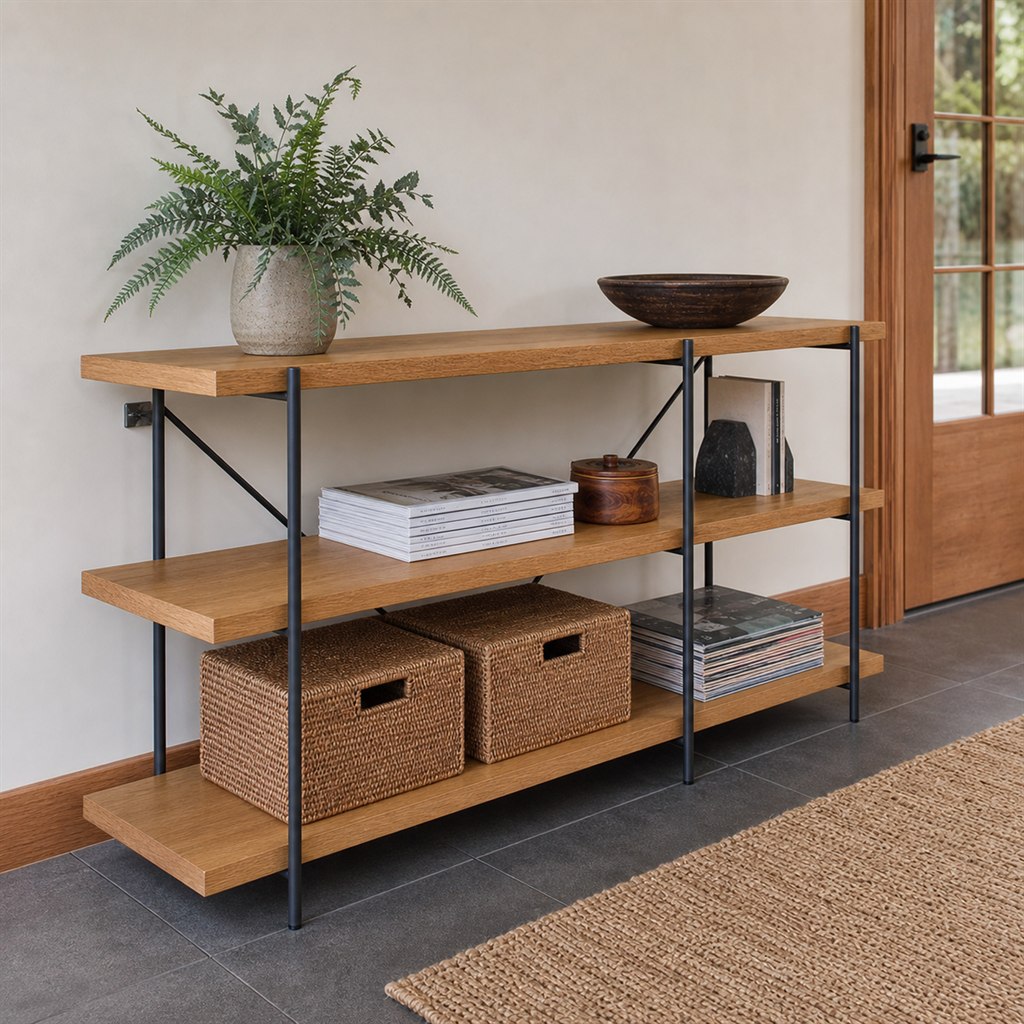 Media Shelving Unit With Steel Uprights and Oak Shelves - alternate full view
