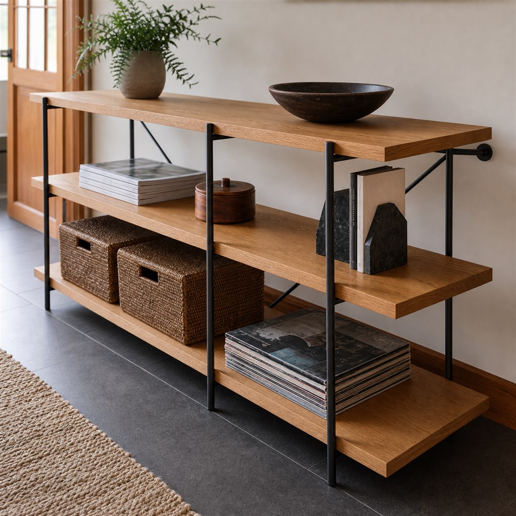 Media Shelving Unit With Steel Uprights and Oak Shelves - steel-frame detail
