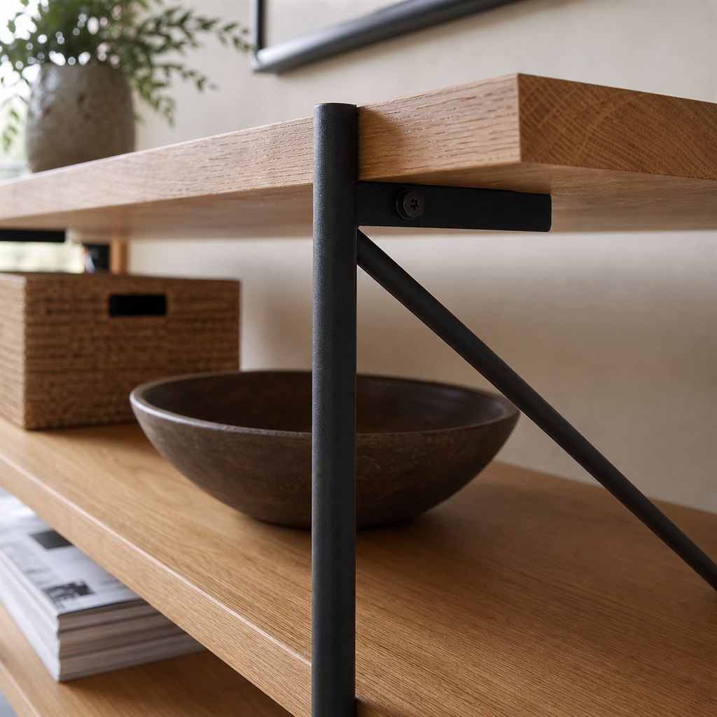 Media Shelving Unit With Steel Uprights and Oak Shelves - wood-to-steel interface detail