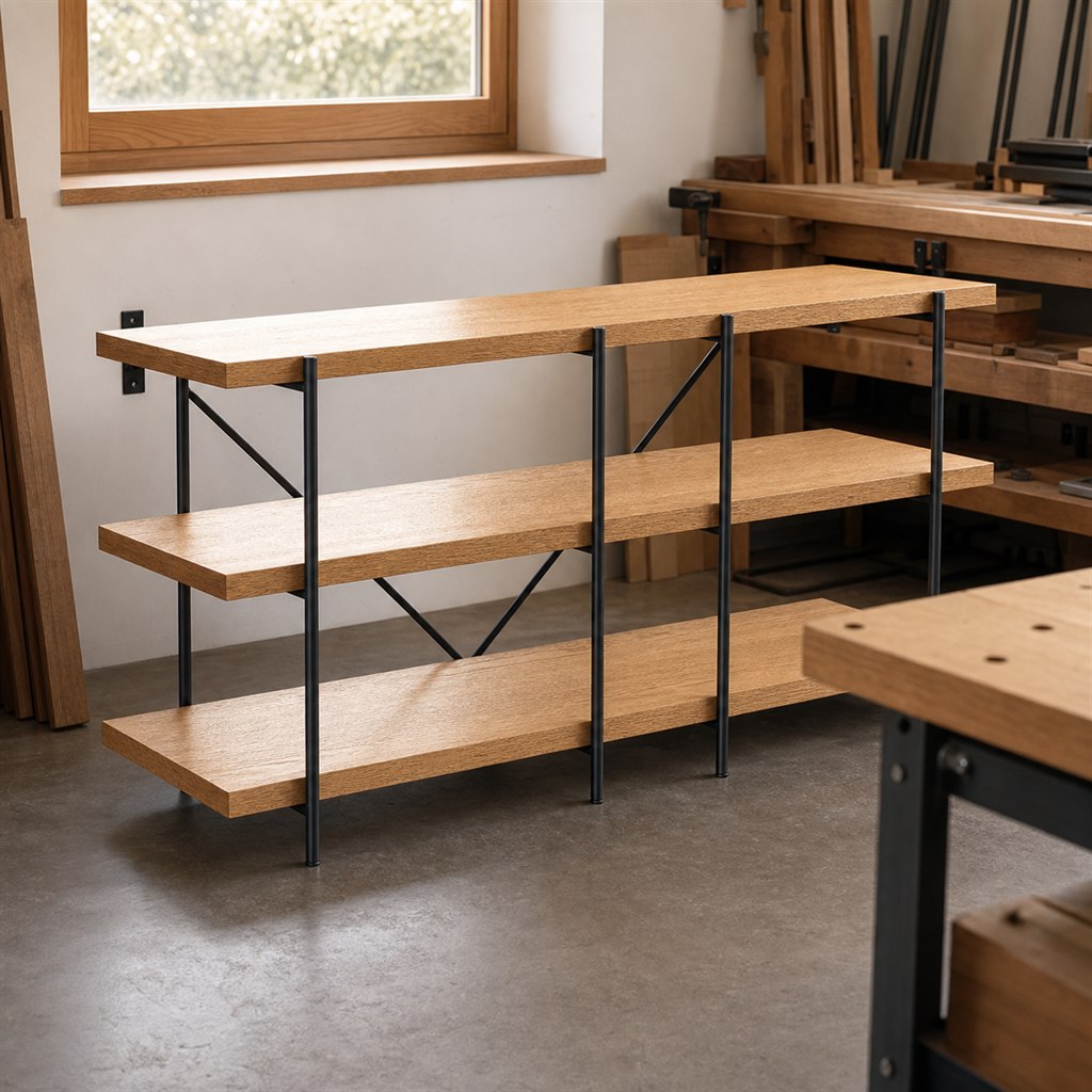 Media Shelving Unit With Steel Uprights and Oak Shelves - workshop dry-assembly view