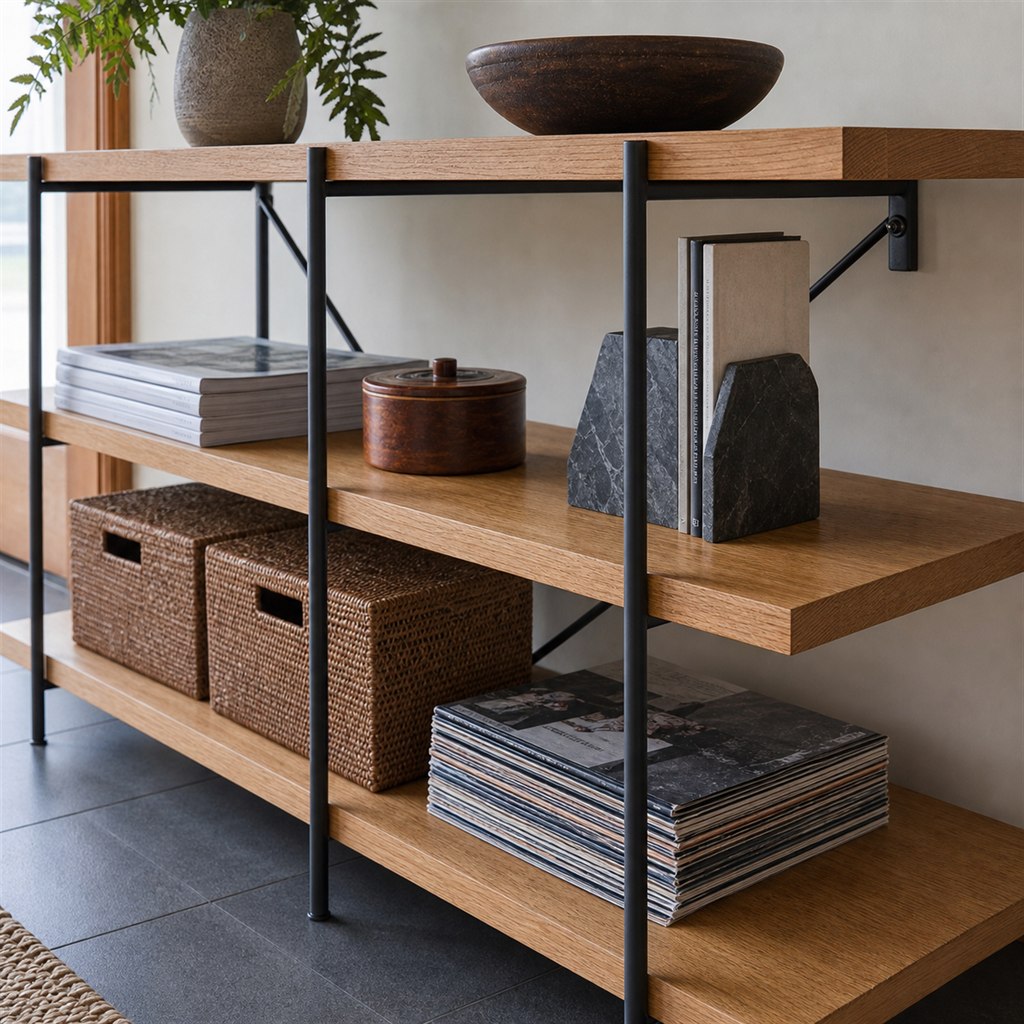 Media Shelving Unit With Steel Uprights and Oak Shelves - finished material detail