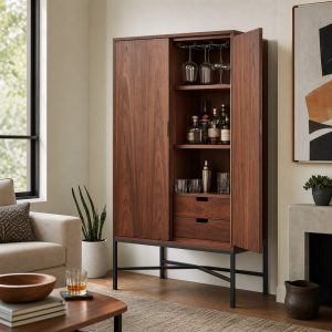 Bar Cabinet With Walnut Doors and a Steel Base