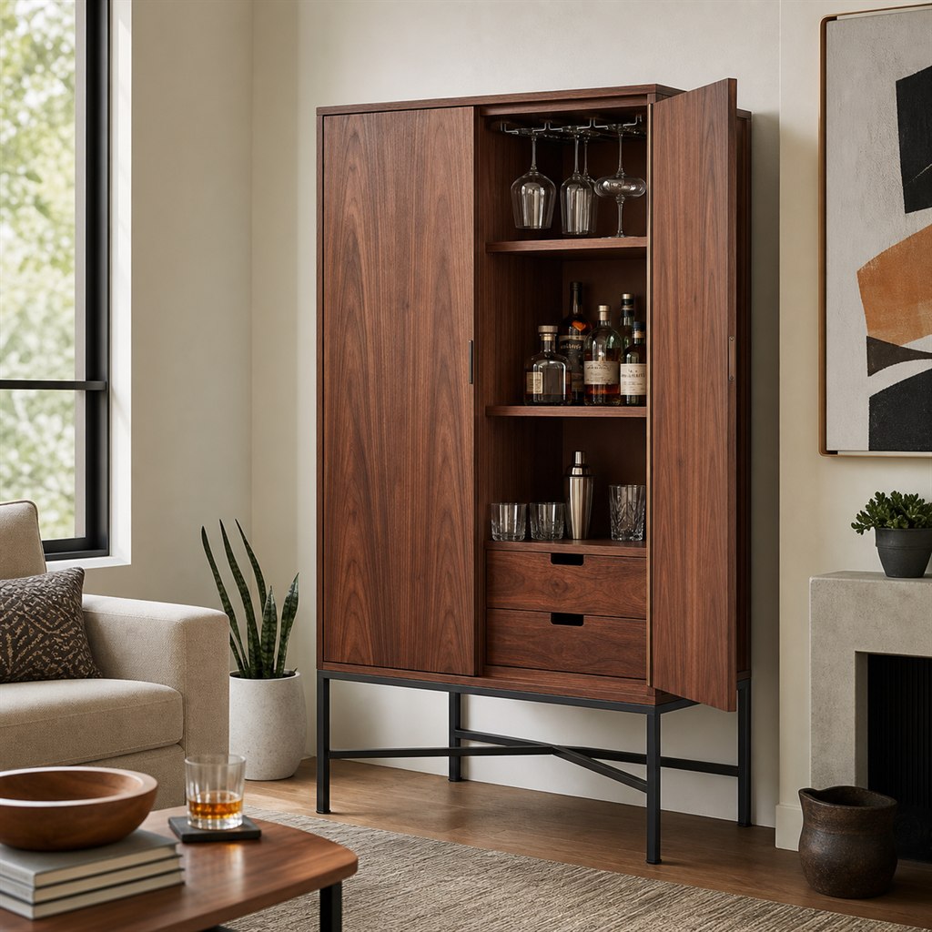 Bar Cabinet With Walnut Doors and a Steel Base