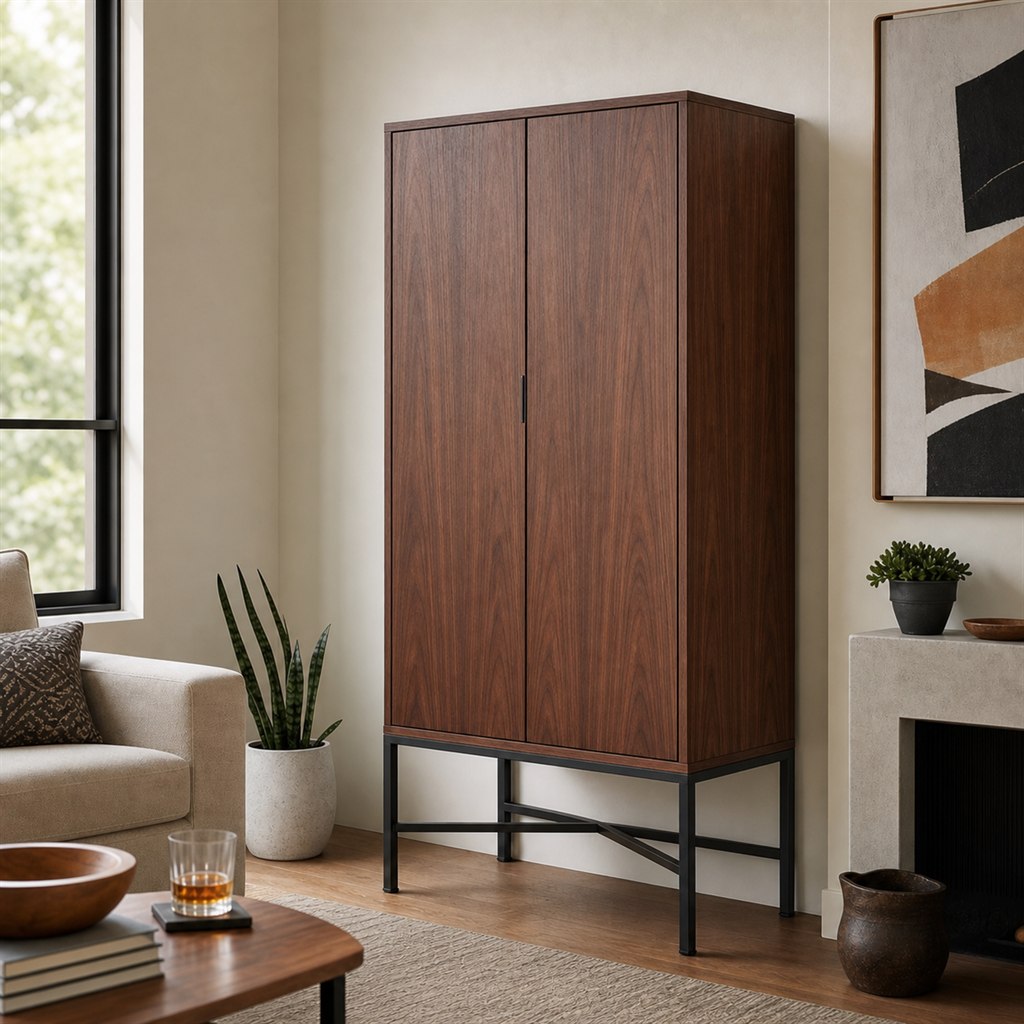 Bar Cabinet With Walnut Doors and a Steel Base - alternate full view
