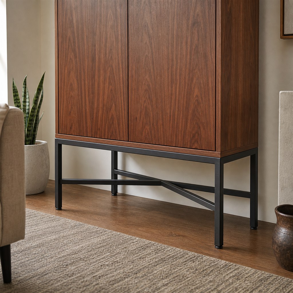Bar Cabinet With Walnut Doors and a Steel Base - steel-frame detail
