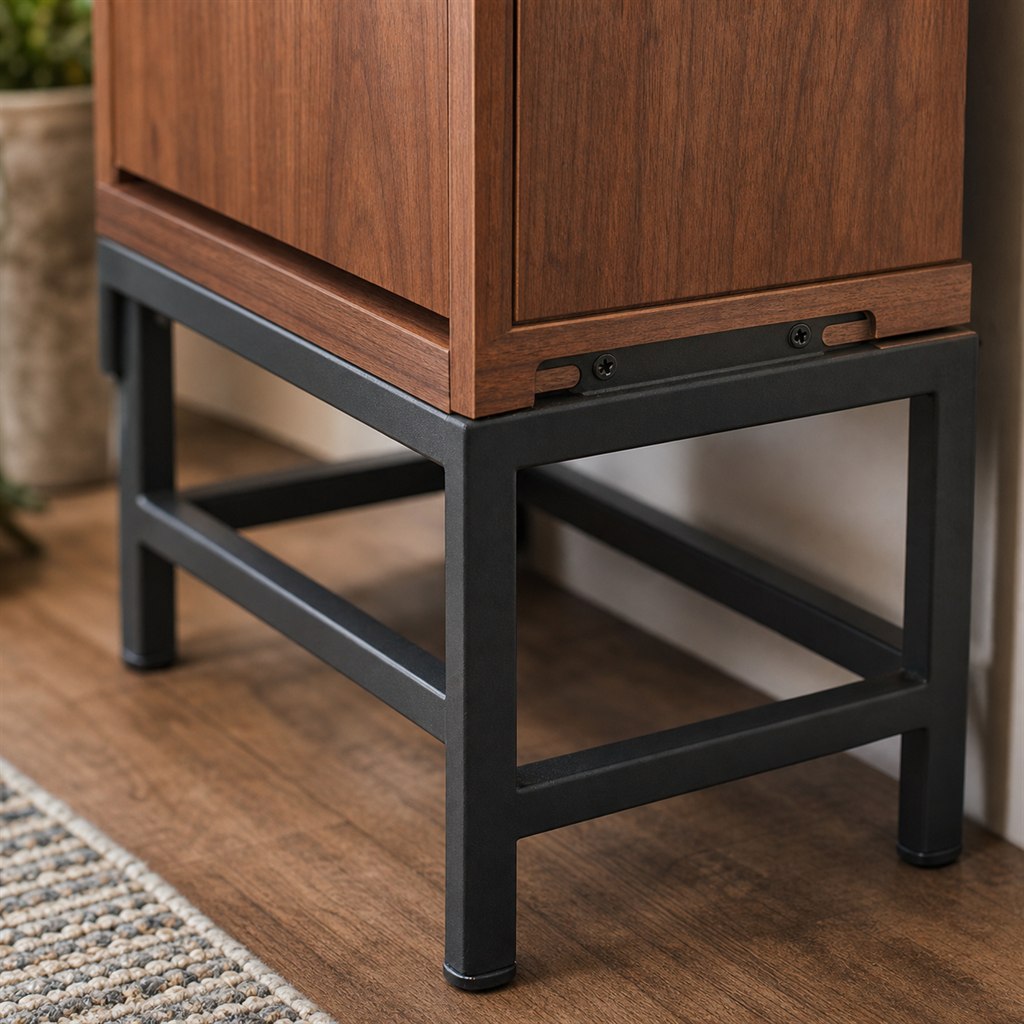 Bar Cabinet With Walnut Doors and a Steel Base - wood-to-steel interface detail