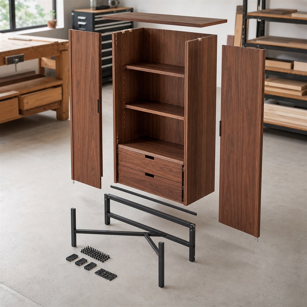 Bar Cabinet With Walnut Doors and a Steel Base - workshop dry-assembly view