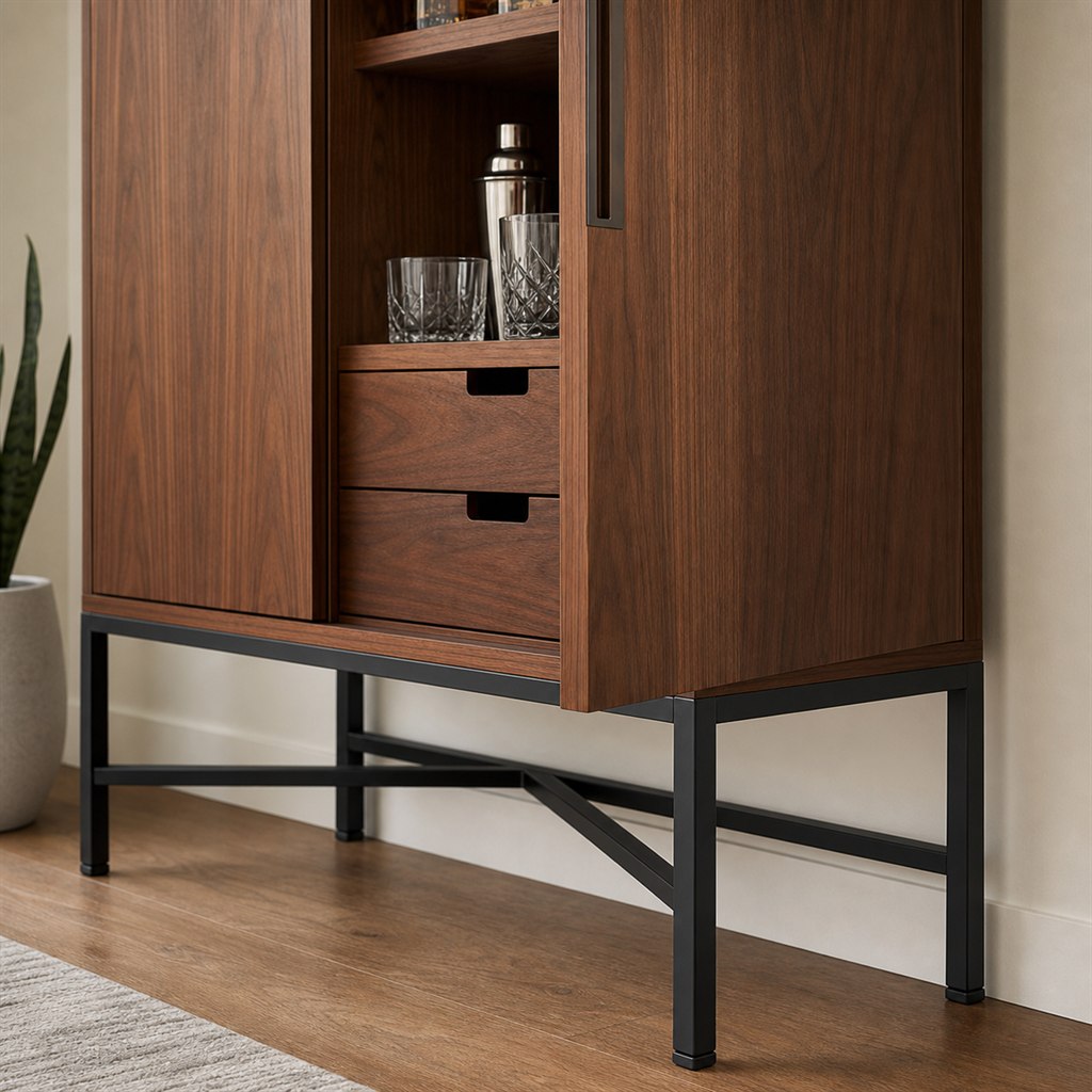 Bar Cabinet With Walnut Doors and a Steel Base - finished material detail