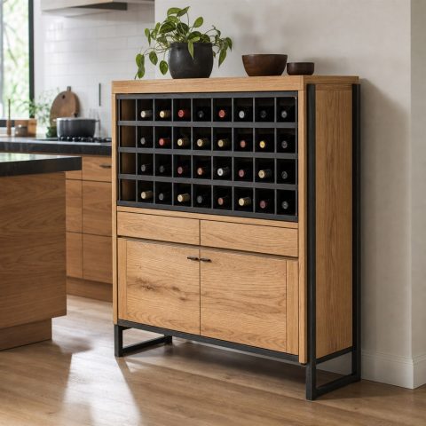 Wine-Rack Cabinet With an Oak Case and Steel Bottle Grid