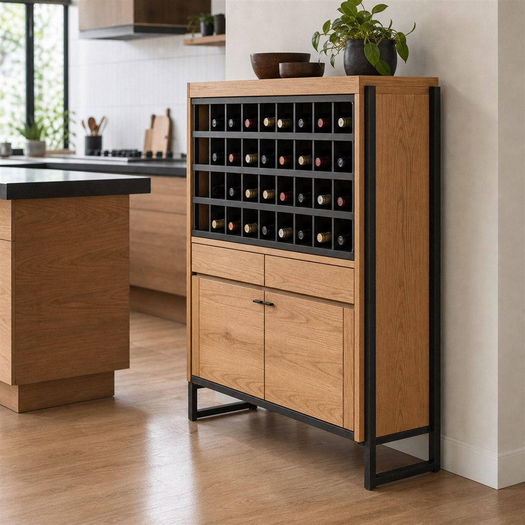 Wine-Rack Cabinet With an Oak Case and Steel Bottle Grid - alternate full view