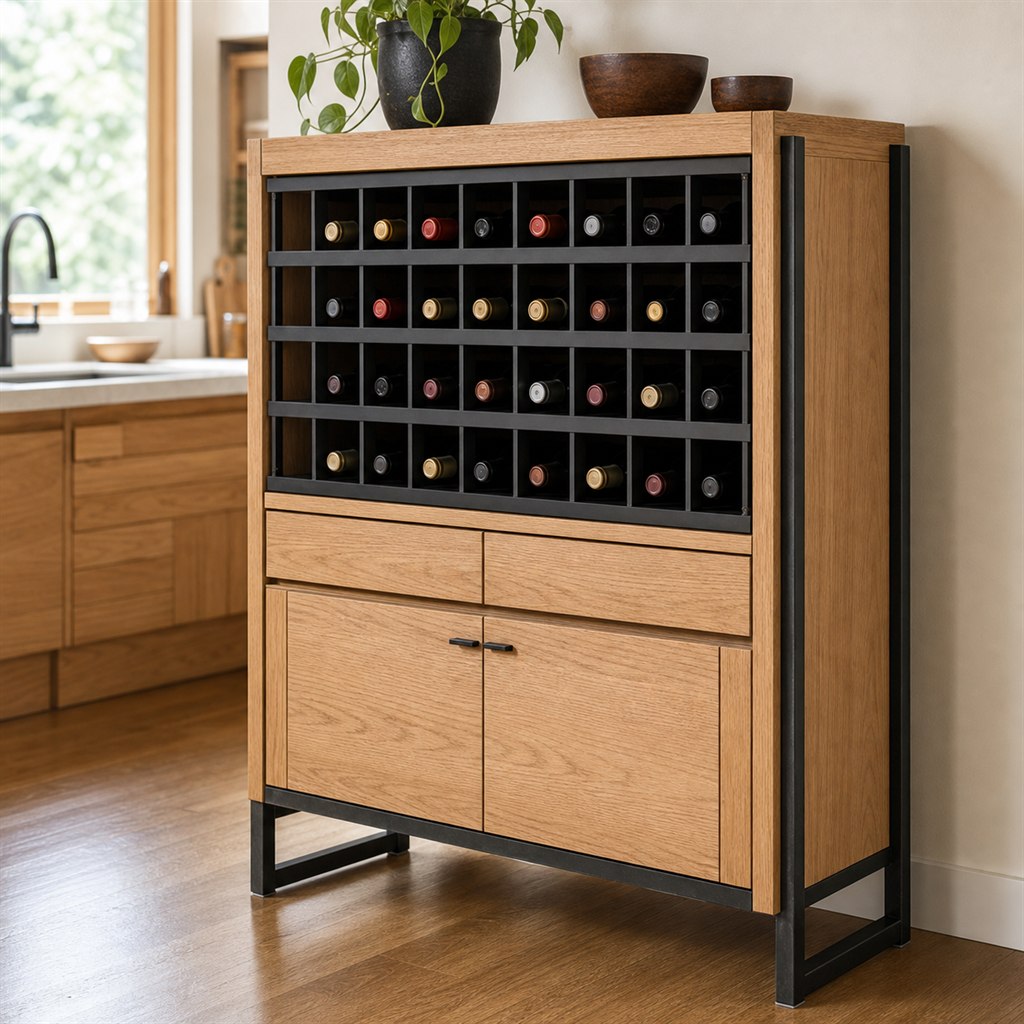 Wine-Rack Cabinet With an Oak Case and Steel Bottle Grid - steel-frame detail