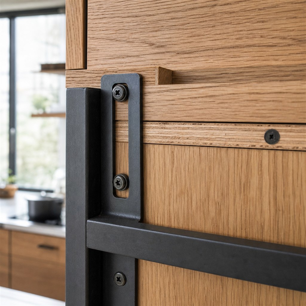 Wine-Rack Cabinet With an Oak Case and Steel Bottle Grid - wood-to-steel interface detail