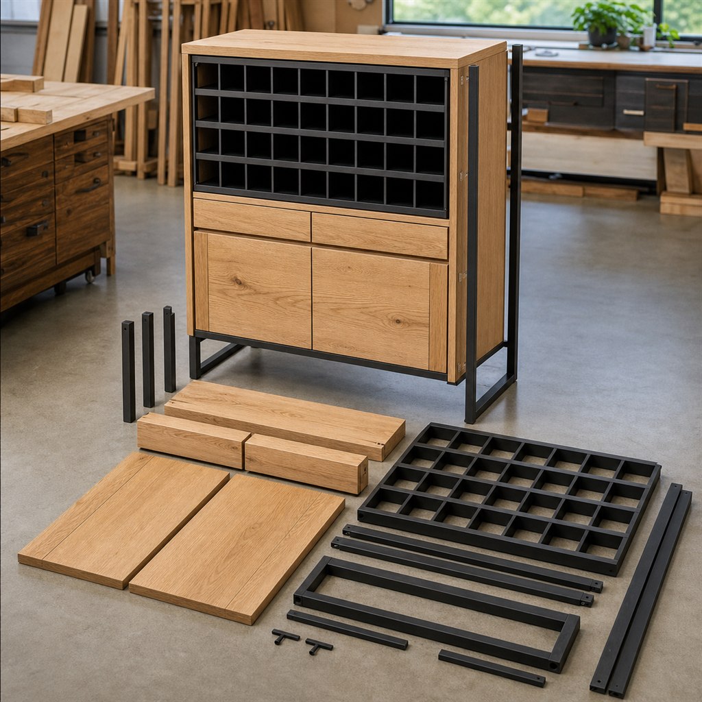 Wine-Rack Cabinet With an Oak Case and Steel Bottle Grid - workshop dry-assembly view