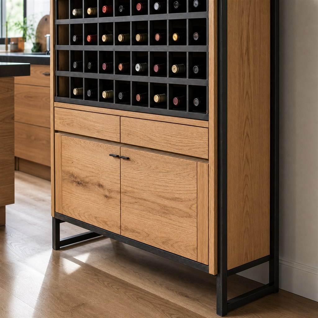 Wine-Rack Cabinet With an Oak Case and Steel Bottle Grid - finished material detail