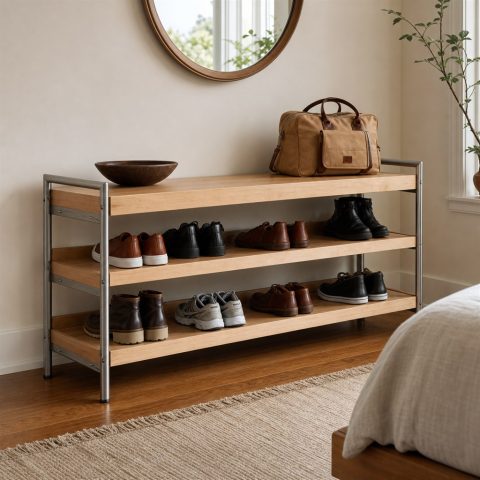 Entry Shoe Rack With Wood Shelves and Steel End Frames